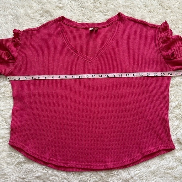 Anthropologie Pilcro Top Ruffled V-Neck Shirt Waffle Knit Raspberry Pink L - Picture 10 of 12